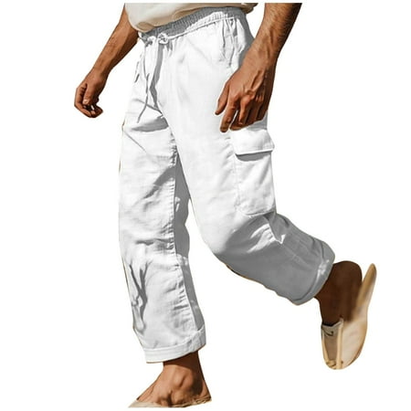 Men s Linen Pants Long Leg Lightweight Waist Summer Casual Trousers Loose Straight Wide Yoga Lounge Pant Holiday Beach Trouser Hiking Tracksuit Bottom Jogging Sweatpants