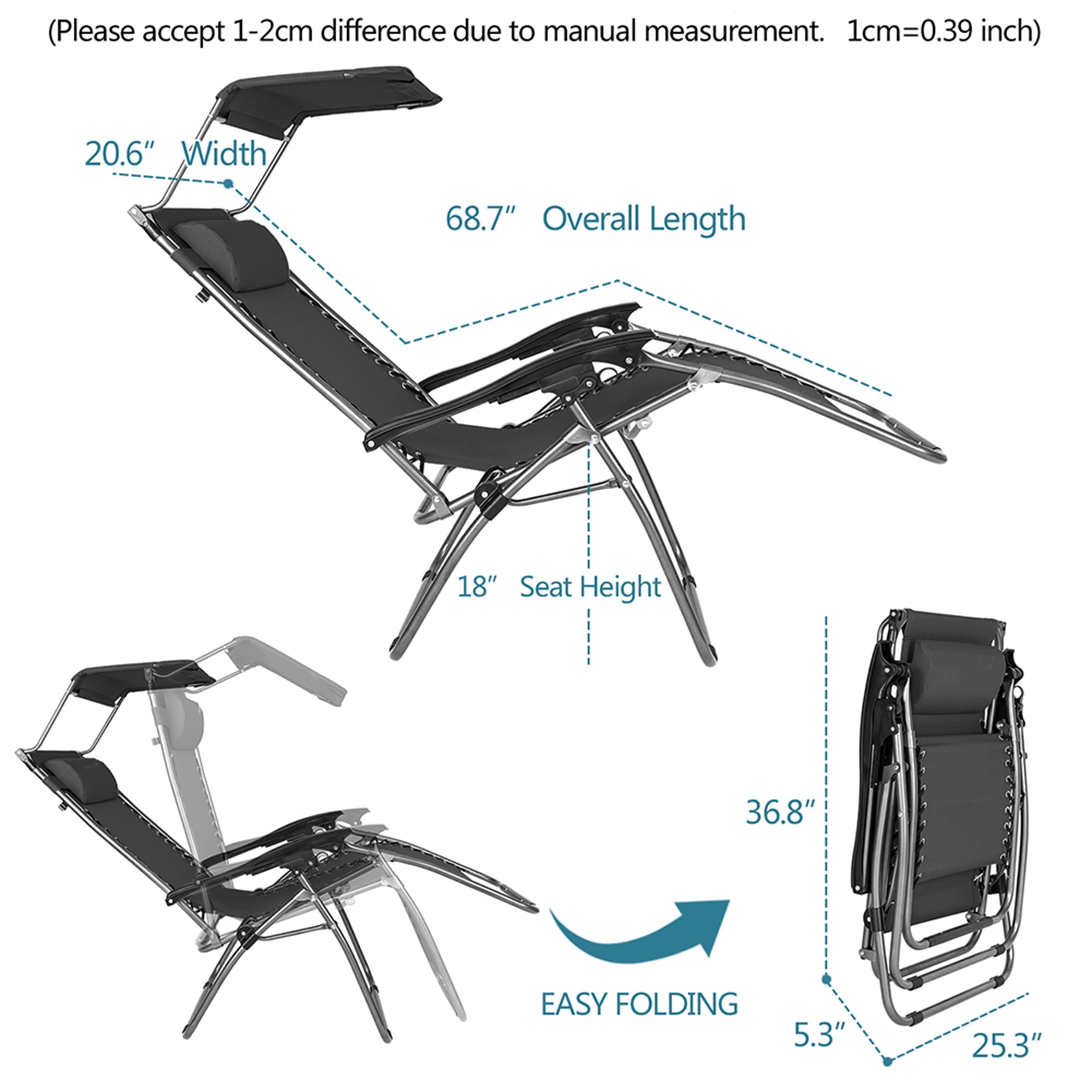 Aimee Lii Zero Gravity Chair with Awning , Outdoor Lounge Patio Chairs with Pillow and Utility Tray Adjustable Folding Recliner for Deck,Patio,Beach,Yard,Black