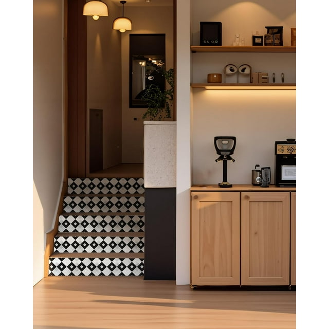 FLFK Geometric Pattern Stair Riser Decals, Black and White Diamond Design, Self-Adhesive Strips, 39.3" x 7.08" Set of 5