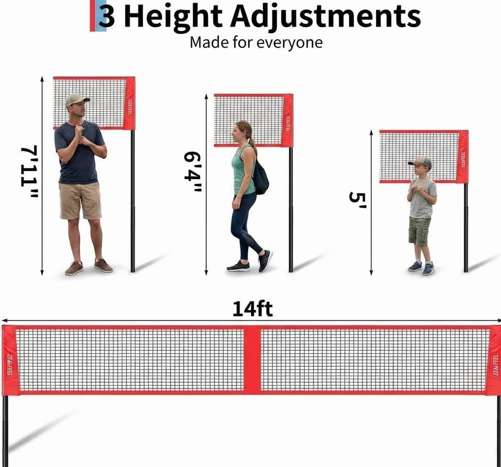 14FT 4-Square Cross Volleyball Net System with 3 Adjustable Heights, PE Outdoor Multiplayer Game Set with Ball, Pump & Carry Bag, Black/Red