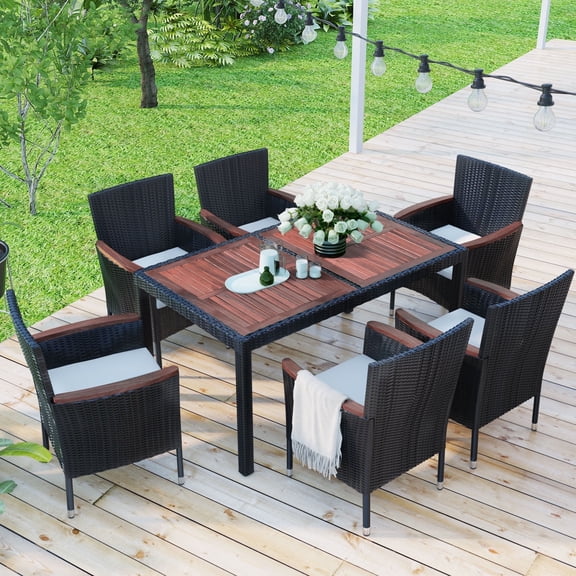 7 Piece Patio Furniture Set, Outdoor Dinning Table with 6 Chairs, All-Weather Rattan Furniture Outdoor Seating Sets for Backyards, Porches, Lawn, Glass-Top