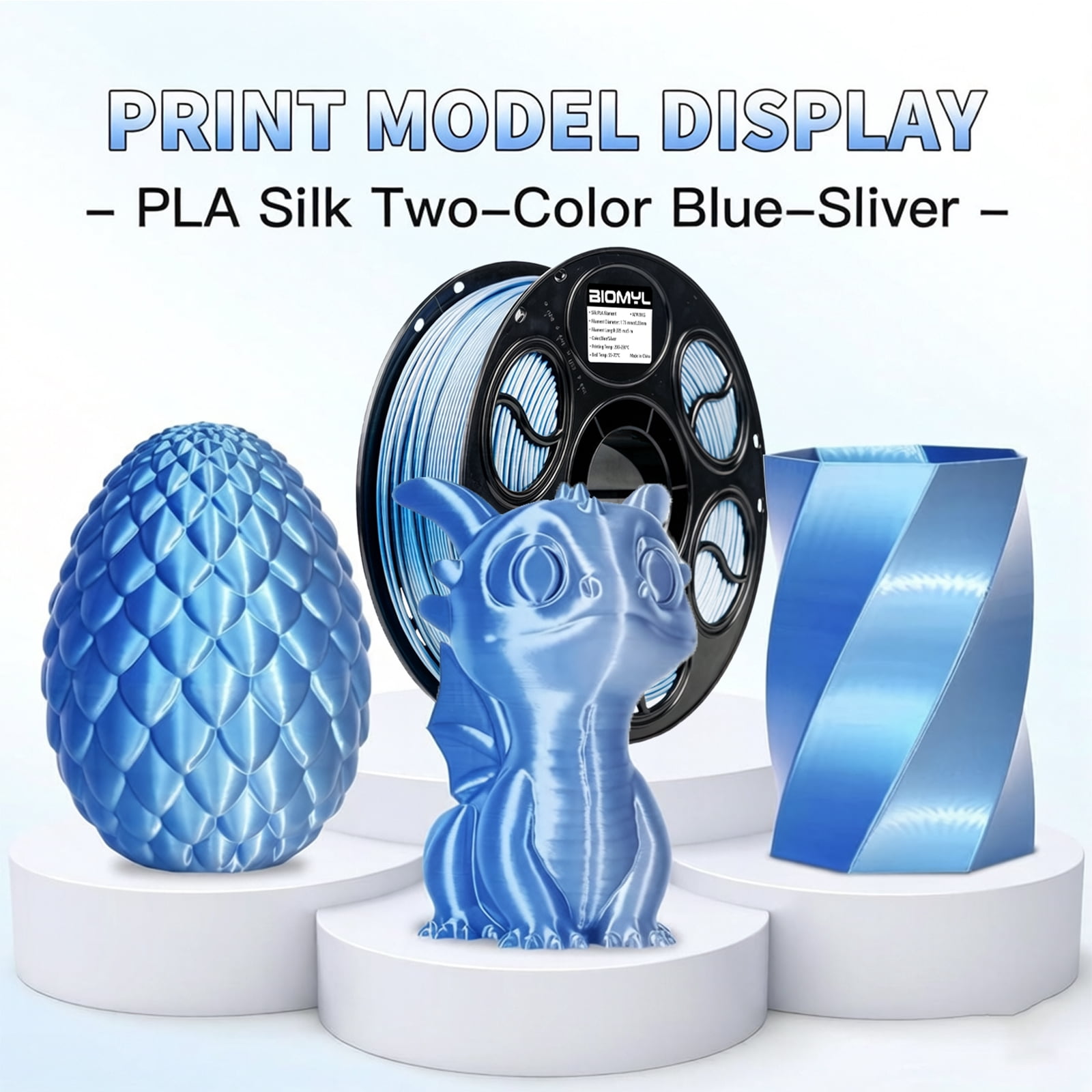 BIOMYL PLA 3D Printer Filament, PLA Filament 1.75mm Dual Blue/Silver Color Filament Silk PLA, 1kg Spool, Accuracy +/- 0.03mm