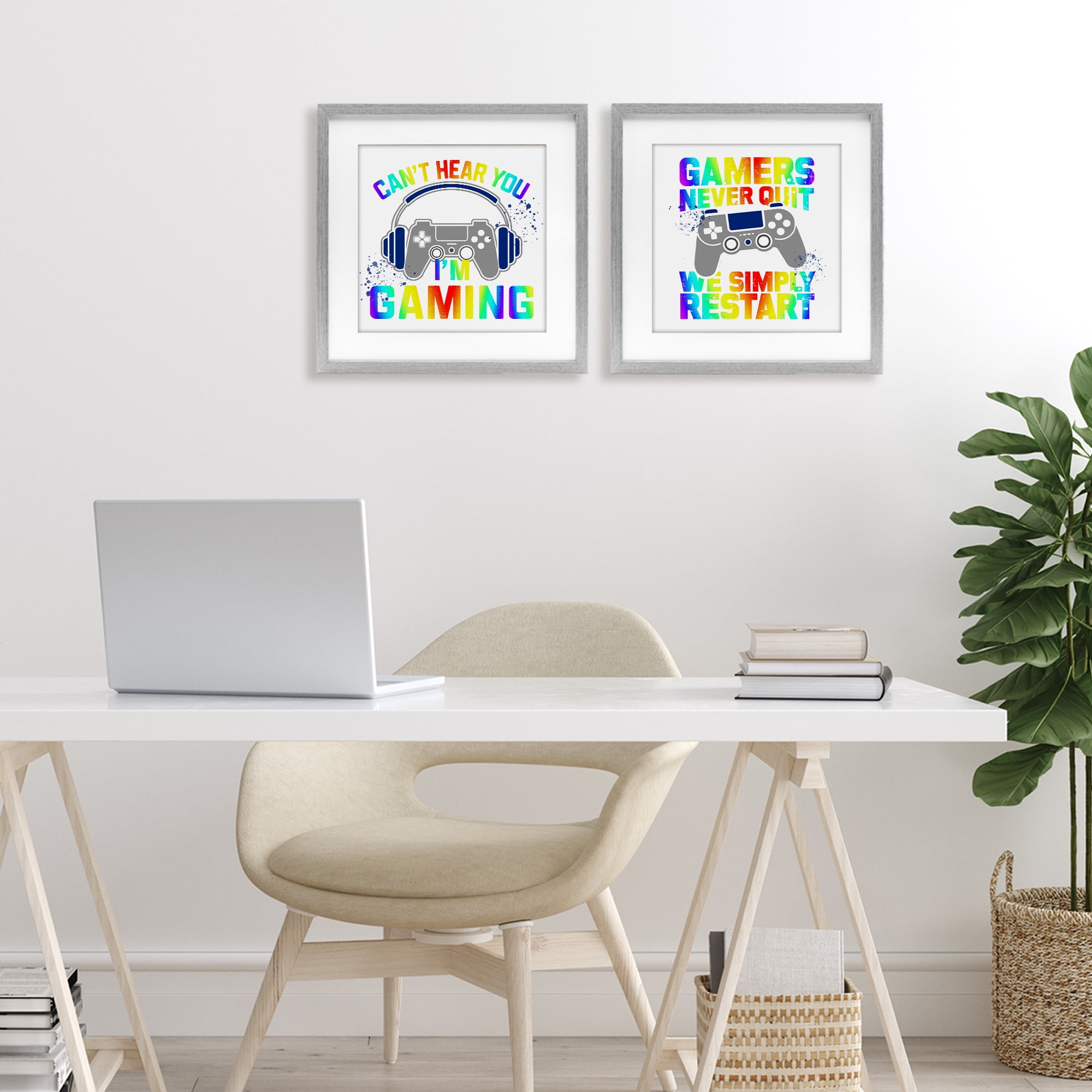 Rainbow Retro Gaming Phrases 2 Piece Gray Framed Print Under Glass Set, design by Kim Allen