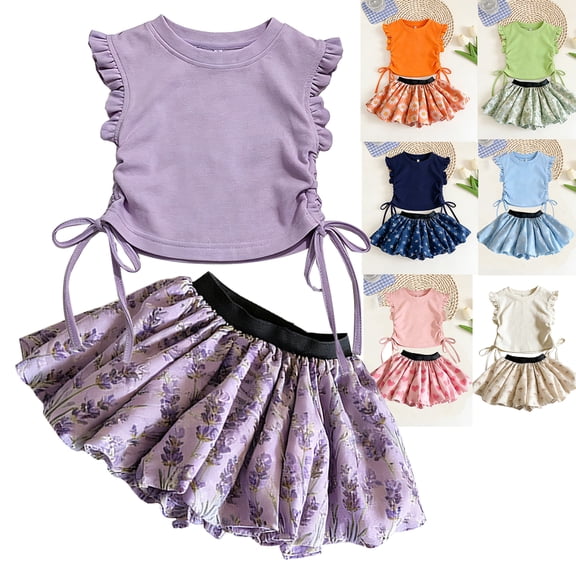 WIBACKER Girls Boho Clothes 1-9 Years Side Tie Ruffle Tops and Lavender Print Tutu Skirt Shorts 2 Piece Outfit Kids Girl Summer Outfits