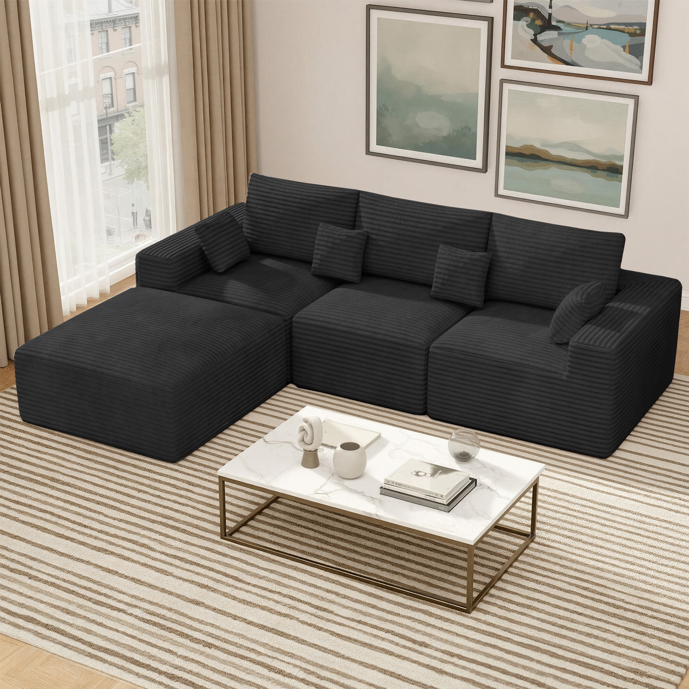 Daluvenix Modern Modular Sectional Sofa 113" L-Shaped Boneless Couch with Deep Seat Convertible Corduroy Cloud Couches for Living Room