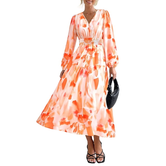 Vestido Midi Floral PRETTYGARDEN Rojo con Escote en V y Manga Larga Talla S
