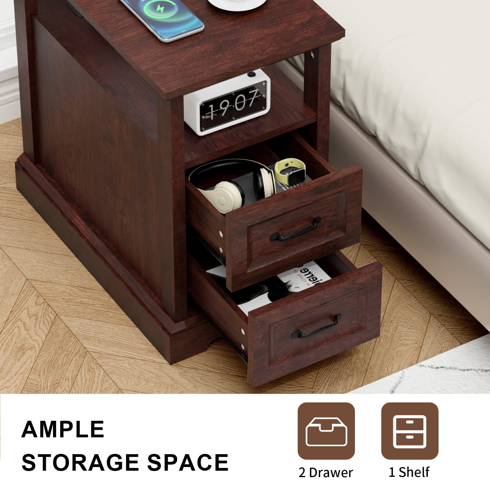 Hommpa 2 Drawers End Tables With Charging Station For Living Room, Farmhouse Narrow Sofa Side Table For Small Spaces, Nightstand Bedside Table with Storage For Bedroom, Brown