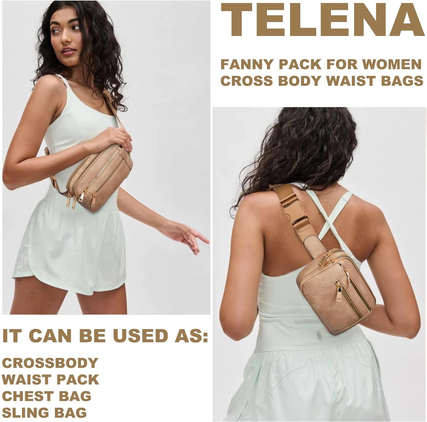 Fanny Packs for Women Cross Body Bag Leather Belt Bag Fashionable Waist Bag with Adjustable Strap Beige Brown