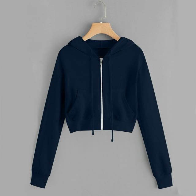 UPPADA Plus Size Cropped Sweatshirts for Women Trendy Zip Up Hoodies Basic Solid Color Jacket Drawstring Long Sleeve Crop Tops Fall Spring Pullover Tops Navy,M