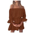thumbnail image 1 of Mini vestido vintage con estampado, hombros descubiertos y mangas acampanadas para mujer: vestido informal y holgado de verano para la playa con diseño floral, tejido de poliéster, 1 of 5