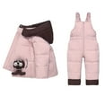 thumbnail image 2 of Xdegoge 2 Piece Snow Suits for Kids Boys Girls Furry Collar Hooded Cute Winter Down Coat Waterproof Windproof Ski Pants Overalls Bibs Color Block Warm Snowsuits Set 9 Months, 2 of 9