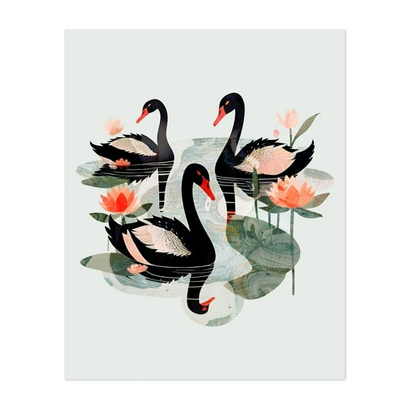 Black Swans - India Illustration Floral Watercolor Nature Wildlife Botanical Whimsical Unframed Wall Art Print 6 x 8 inches