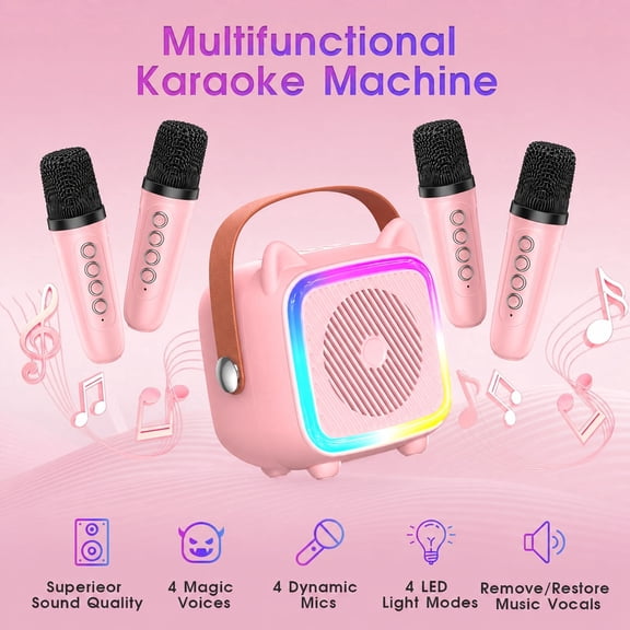 4 Microphones Kids Karaoke Machine, Bluetooth Portable Speaker with LED Lights, Pink Toy Gift