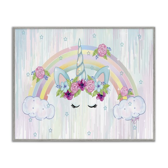 Stupell Industries Contemporary Unicorn Eyes Under Floral Rainbow Starry Clouds Gray Framed Giclee Art, 20 x 16, by Maureen Griggs