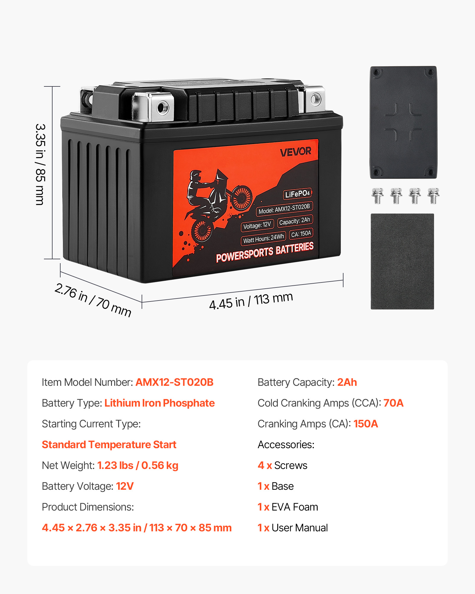 VEVOR Motorcycle Battery, 12 Volt 2Ah, LiFePO4 Lithium Pre-Charged Powersports Battery, Maintenance Free & High Performance, Compatible with ATV, Motorcycle, Jet Skis, Scooter, UTV, and More
