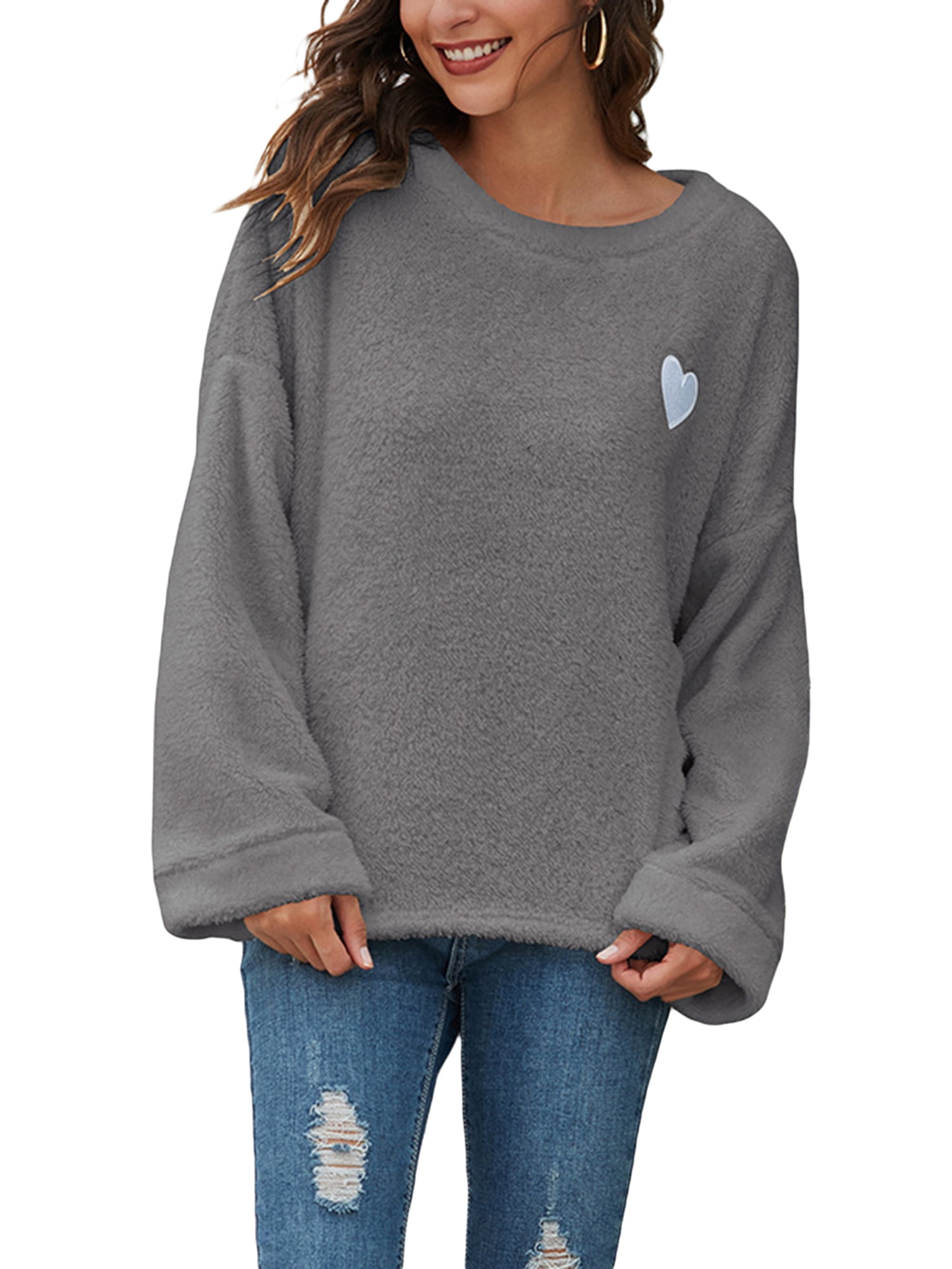 Listenwind Women Fleece Pullover Jacket Heart-Shaped Embroidery Print Round Neck Sweatshirts Long Sleeve Casual Coat Outwear, Women's, Size: Large