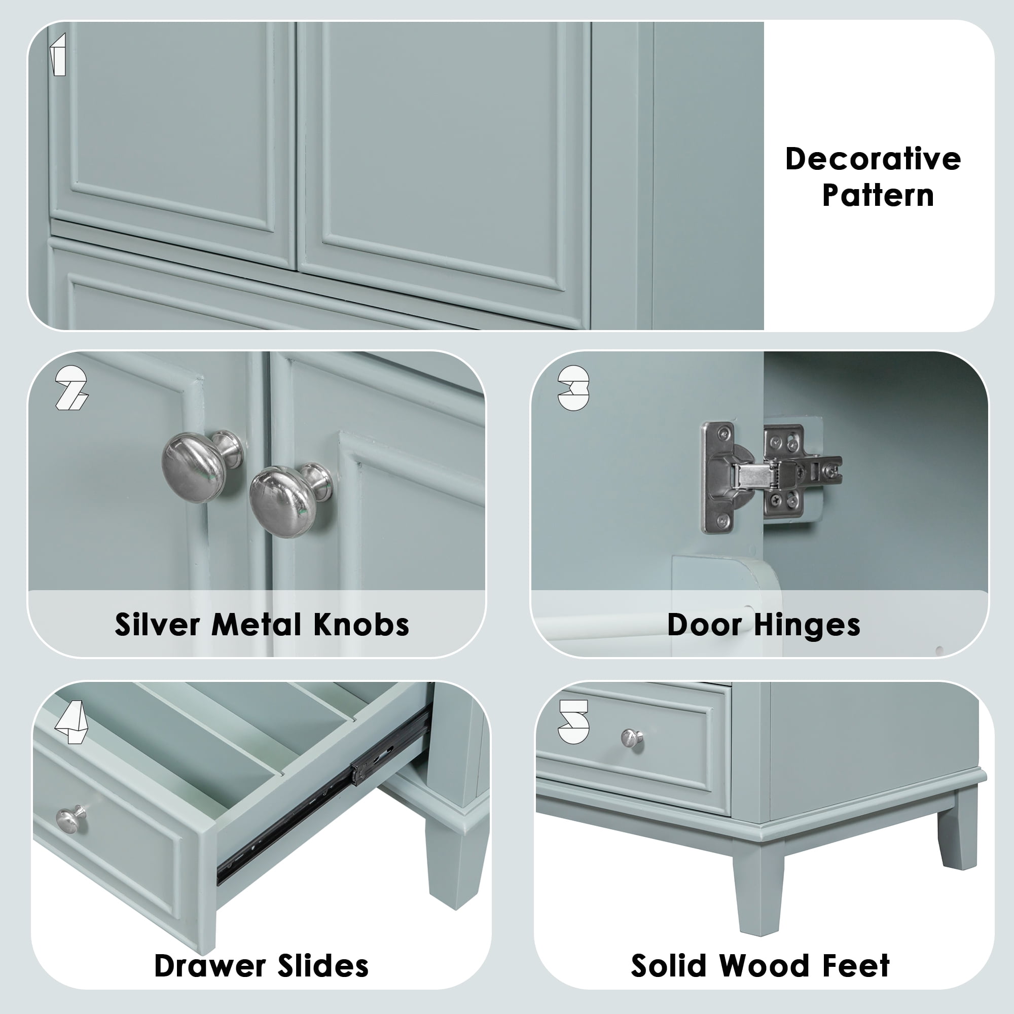 30" Bathroom Vanity Base Only, Green, Solid Wood and MDF, 2 Doors and 1 Drawer, Freestanding