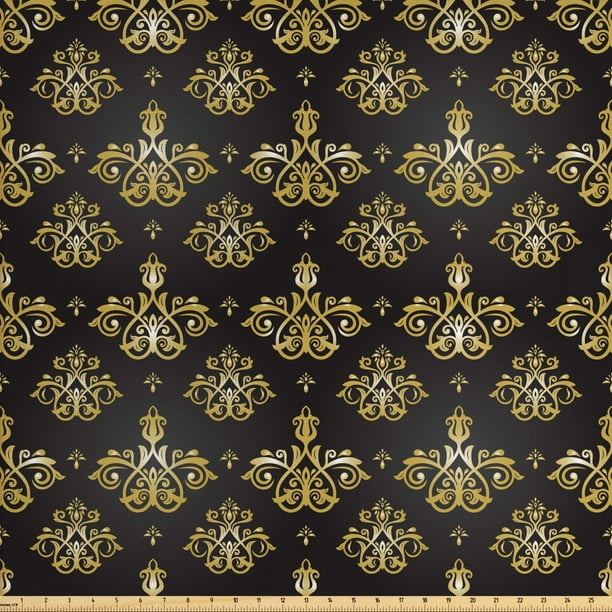Yellow Damask Fabric by The Yard, Royal Style Floral Ornament