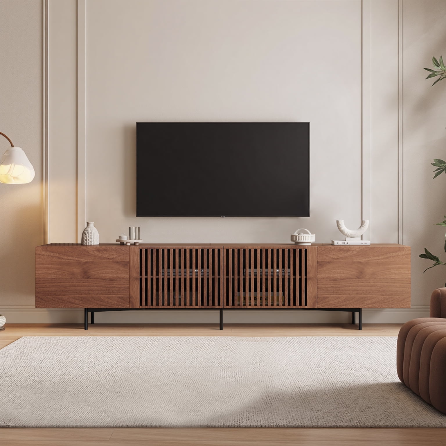 NessCarsti Mid-Century Modern TV Stand for 80+" TVs, 94.48" Walnut Console with Storage, Stylish Entertainment Center for Living Room or Bedroom