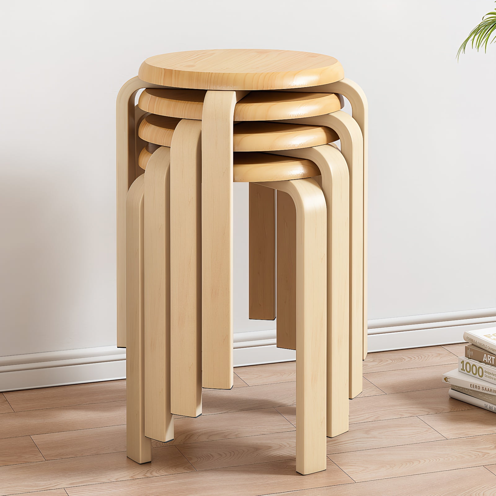 Stackable Stools, Bentwood Stools, Nesting Chairs&nbsp;Set of 4 Round Backless School and Kitchen Stools, Anti-Slip Felt Pad, Natural, 18 Inch Height, Space-Saving Design