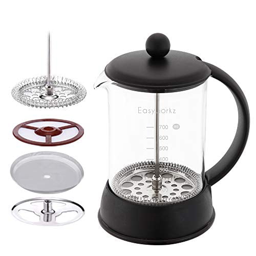 Easyworkz French Press Coffee Tea Maker with Innovative 4 level filtration system,Easy to clean Heat Resistant Borosilicate Glass-BPA Free,Non-slip Soft Grip Handle,Black 34oz 8Cup