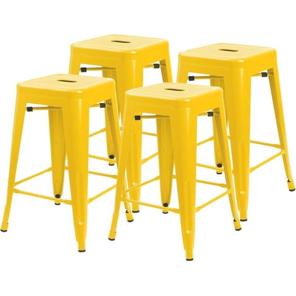 Favory 24 Inches Metal Bar Stools Industrial Barstools Stackable High Backless Stools Vintage Indoor Outdoor Stackable Kitchen Stools Set of 4 (Yellow)