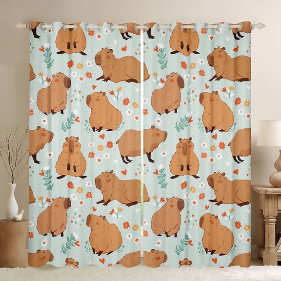Homewish Cartoon Capybara Black Out Curtains for Preppy Children Kids,Kawaii Animal Curtains Pack of 2 (42x63 Each),Chic Floral Flowers Bedroom Curtains,Microfiber Bedroom Decor