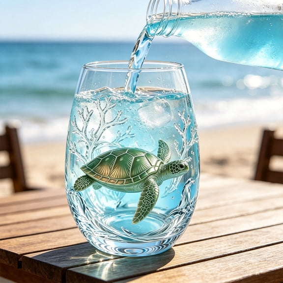 Artisanal Turtle Glassware, 2D Turtles Stemless Wine Glasses, Handcrafted Marine Animal Bar Glass for Coastal Home Decor Ocean Lovers