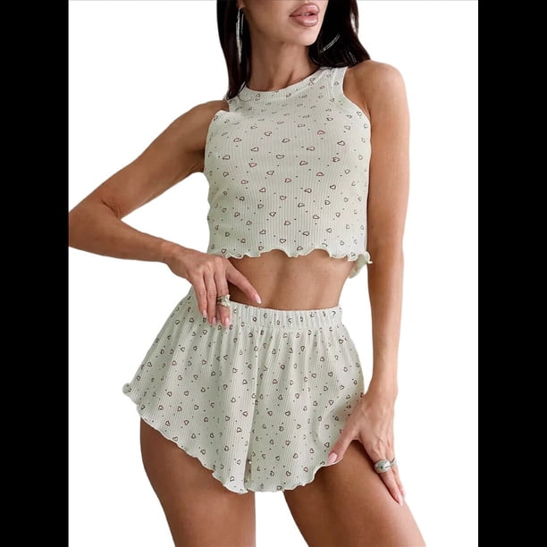 Pijama de Verano con Estampado de Leopardo para Mujer, Sin Mangas, Amor M