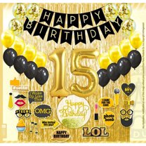 15th Birthday Decoration Black and Gold for Boy & Girl, 15th Cake Topper, 15th Party Supplies for Her and Him, 15th Birthday Photo Props