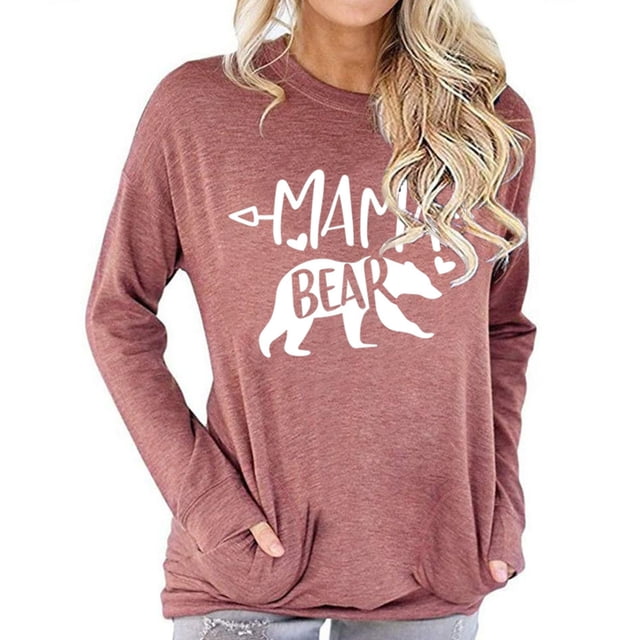 Camiseta de manga larga de color marrón rojizo suave para mujer para uso diario, fiestas y citas, talla M Sudadera con cuello redondo y estampado de oso