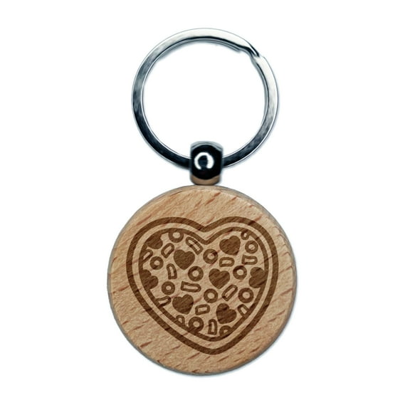 Heart Pizza Love Round Keychain Charm Tag - Engraved Wood