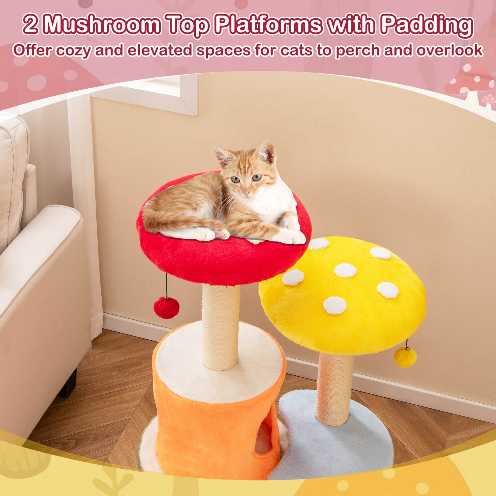 Infans 43" Tall Cute Cat Tree w/ 2 Condos Padded Platforms, Sisal Scratching Posts
