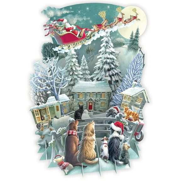 Me & McQ It's Santa: Dogs and Cats Watching Santa's Sleigh Flying Over Tall Trees 3D Pop Up Laser Cut Christmas Card