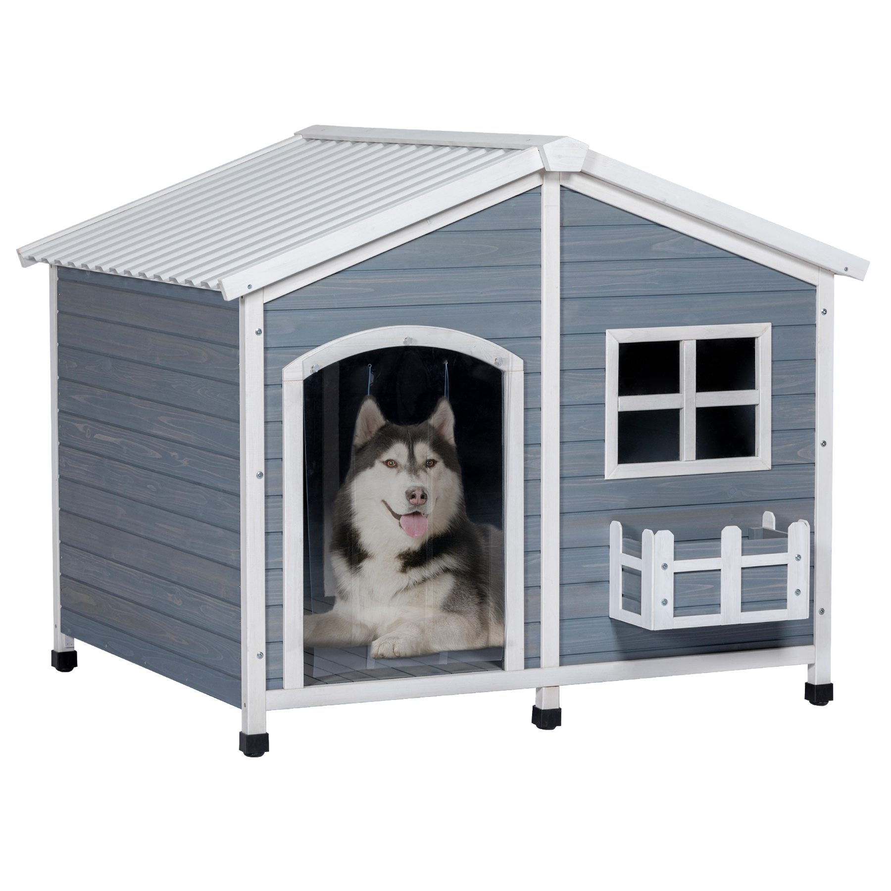 Petsfit 47" Dog House Outdoor with Waterproof PVC Roof, Extra Large Dog House for 2 Medium Dogs, Dog House Outdoor Large Breed, XXL Dog Houses with Window, Gray