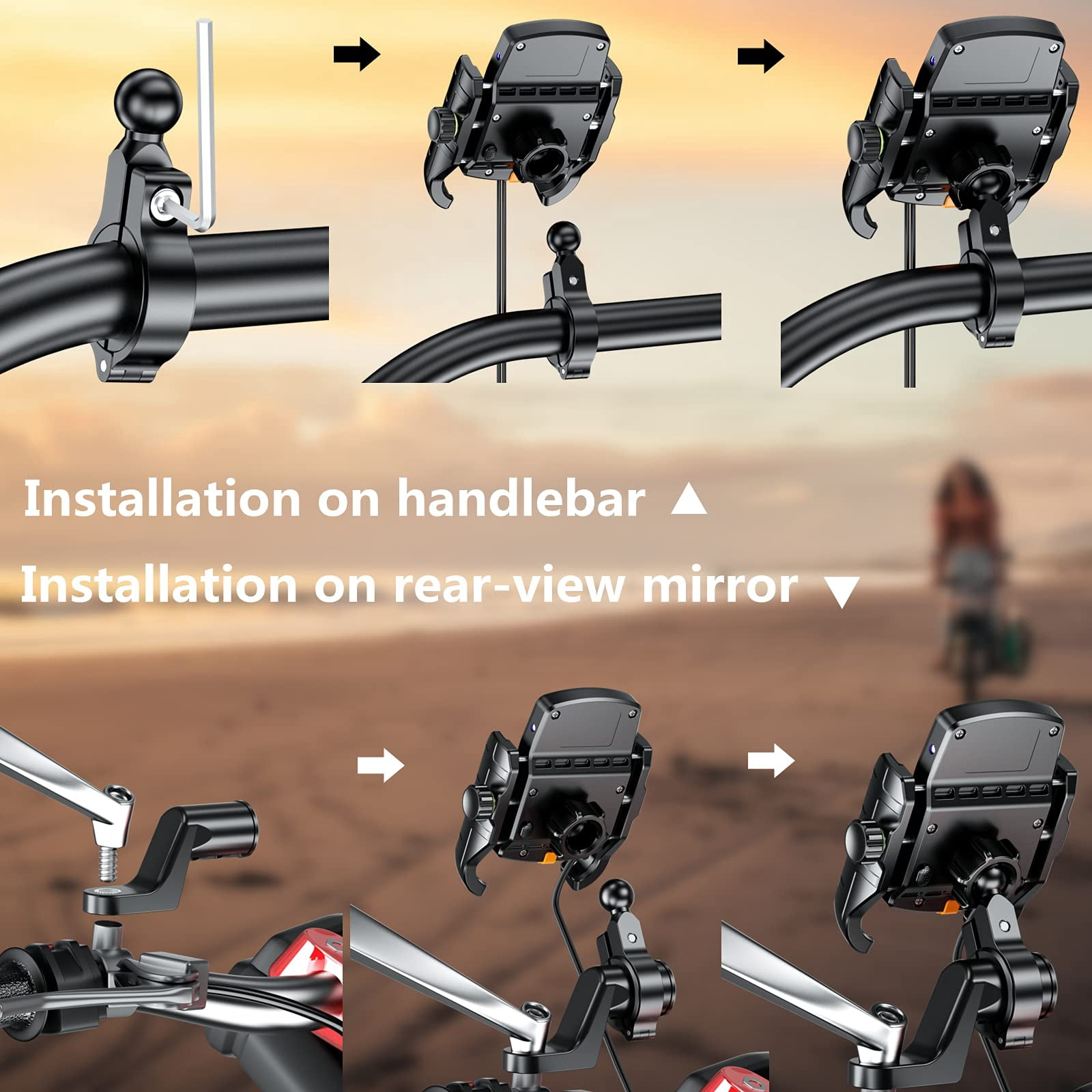 FU1999 Motorcycle Phone Mount with Qi 15W Wireless Charger & USB C 20W Fast Charging Port, Waterproof Motorcycle Cellphone Holder Cradle with Aluminum Alloy Handlebar Mounting Base for 4"-8" Phones