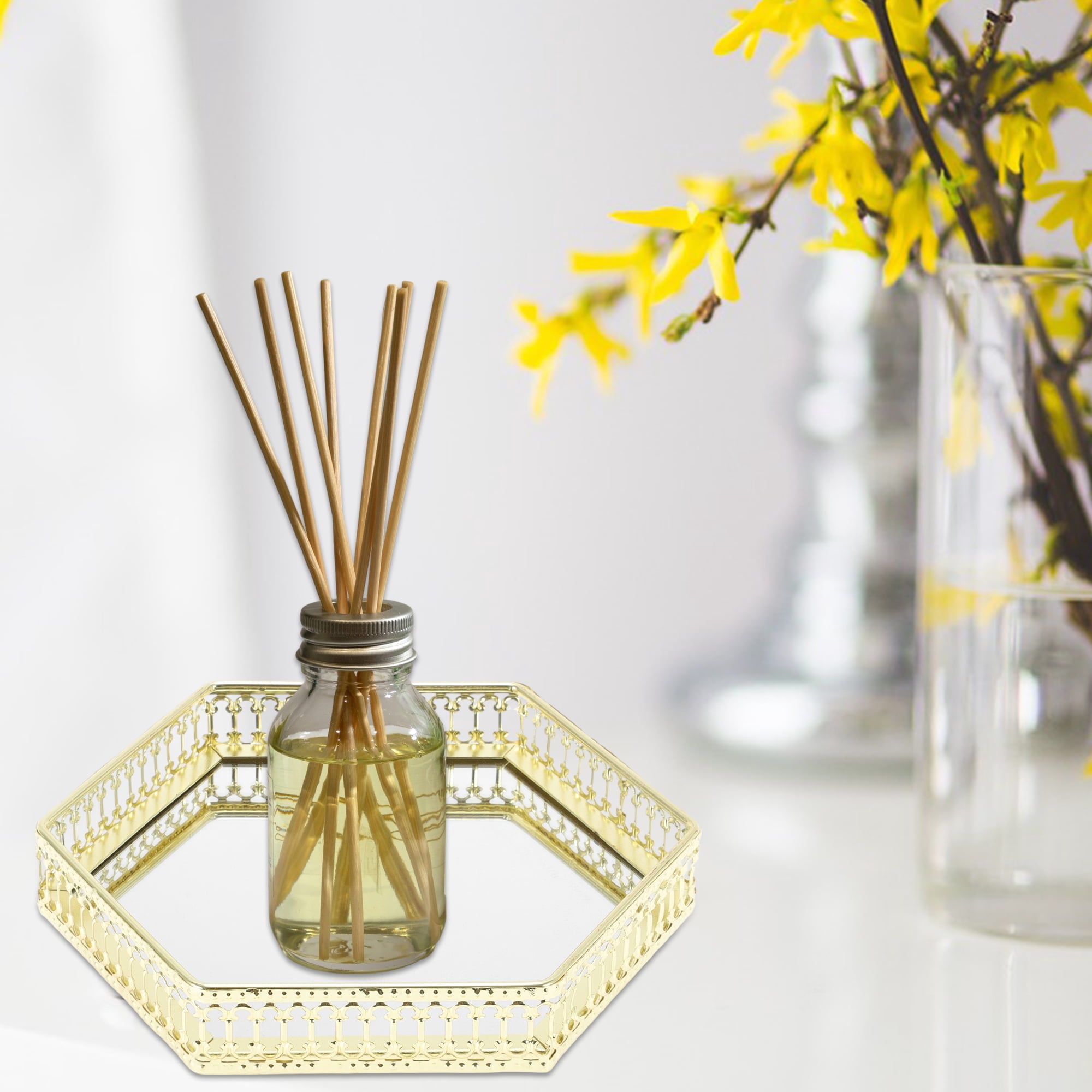 Unique Bargains Mirror Tray Hexagon Metal Perfume Tray Glass Candle Serving Tray