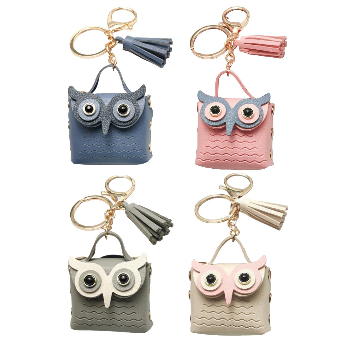 4 Pack Owl Shaped Keyrings Mini Bag Charm Keychains Leather Coin Purse with Tassel Couple Key Chain Pendant for Handbag Backpack Wallet Decor.