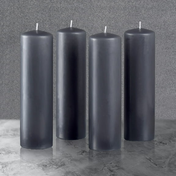 Hyoola 2 x 8 Dark Grey Unscented European Made Pillar Candles, Dripless Paraffin Wax with Smokeless Cotton Wicks, 4-Pack