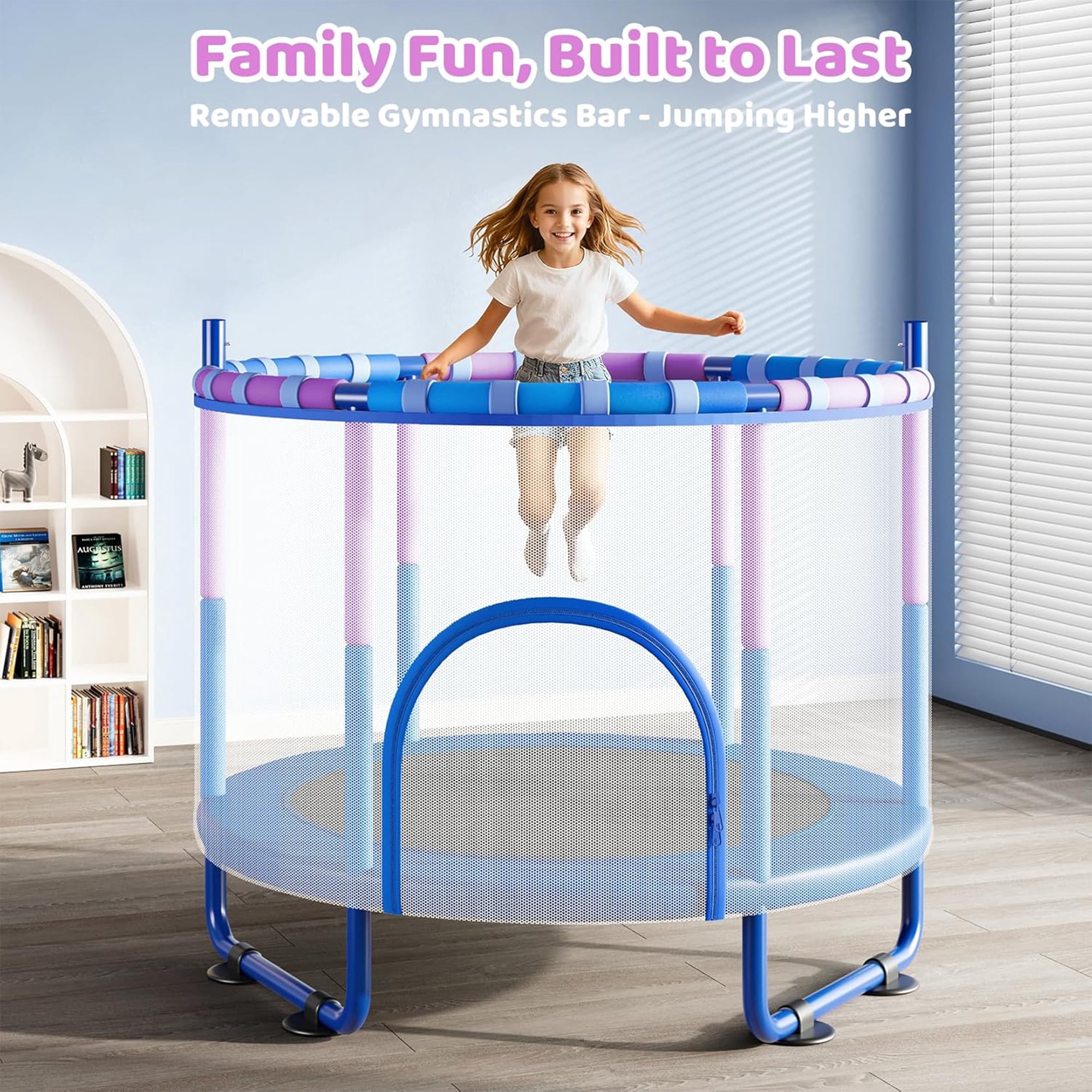 Toremore 55" Trampoline for Kids with Enclosure, 6-in-1 Kid Trampoline Indoor & Outdoor, Toddle Trampoline with Adjustable Gymnastics Bars, Blue