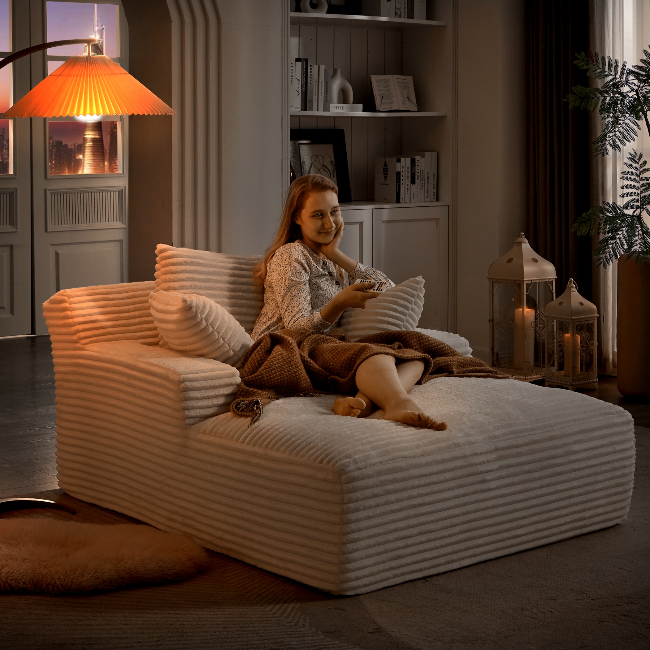 Aukfa 66" Oversized Chaise Lounge Indoor, Corduroy Sleeper Sofa Bed, Upholstered Couch, No Assembly Required for Living Room, Bedroom, White