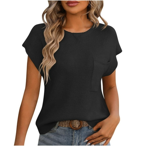 Yuyuzo Womens Cap Sleeve Shirts Crewneck Knit Tops Solid Color T Shirts Casual Loose Blouse