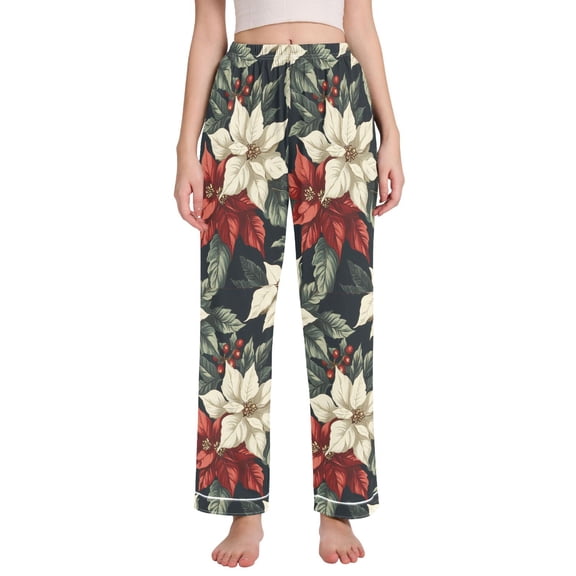 FORMRS Women's Pajama Pants with Pockets Soft Comfy Loungewear Sleep Bottom, Sizes S-2XL, White Christmas Leaves