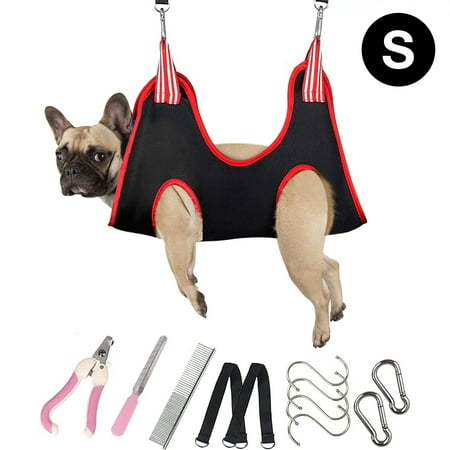 Oneisall Dog Grooming Hammock Harness for Pet Nail Trimming  Breathable Pet Grooming Sling Restraint Bag  Dog Grooming Hammock Helper - Black Red S