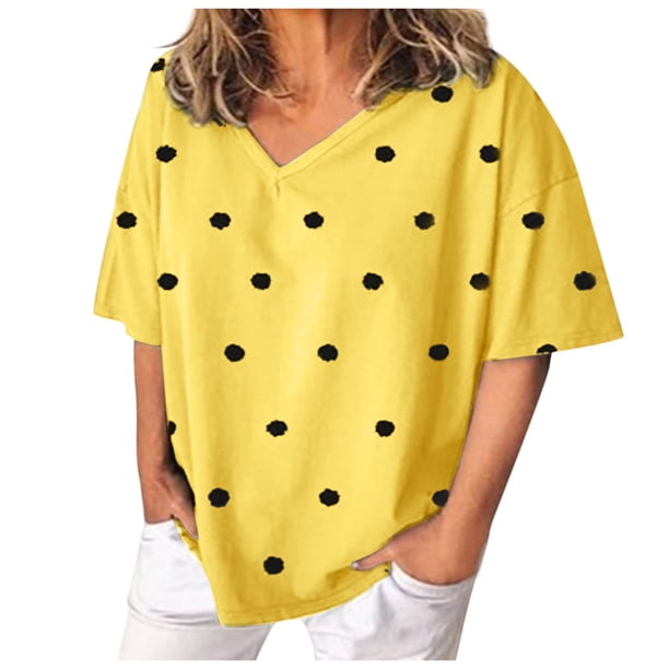Blusa de manga corta con cuello en V y estampado de puntos sueltos informales de verano para mujer OAVQHLG3B Store lin121212