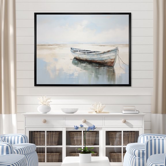 Designart "Petite Azure And Ivory Lake Boat I" Coastal Boat Floater Framed Wall Art Prints