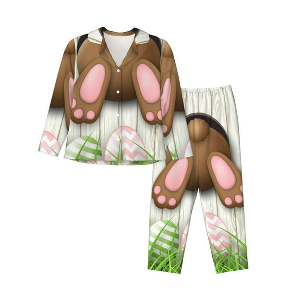 Fotbe Brown Bunny Conjunto de Pijama de Manga Larga para Mujer con Estampado, Ropa de Dormir de 2 Piezas, Conjunto de Casa Suave y Cómodo con Bolsillos-Medium
