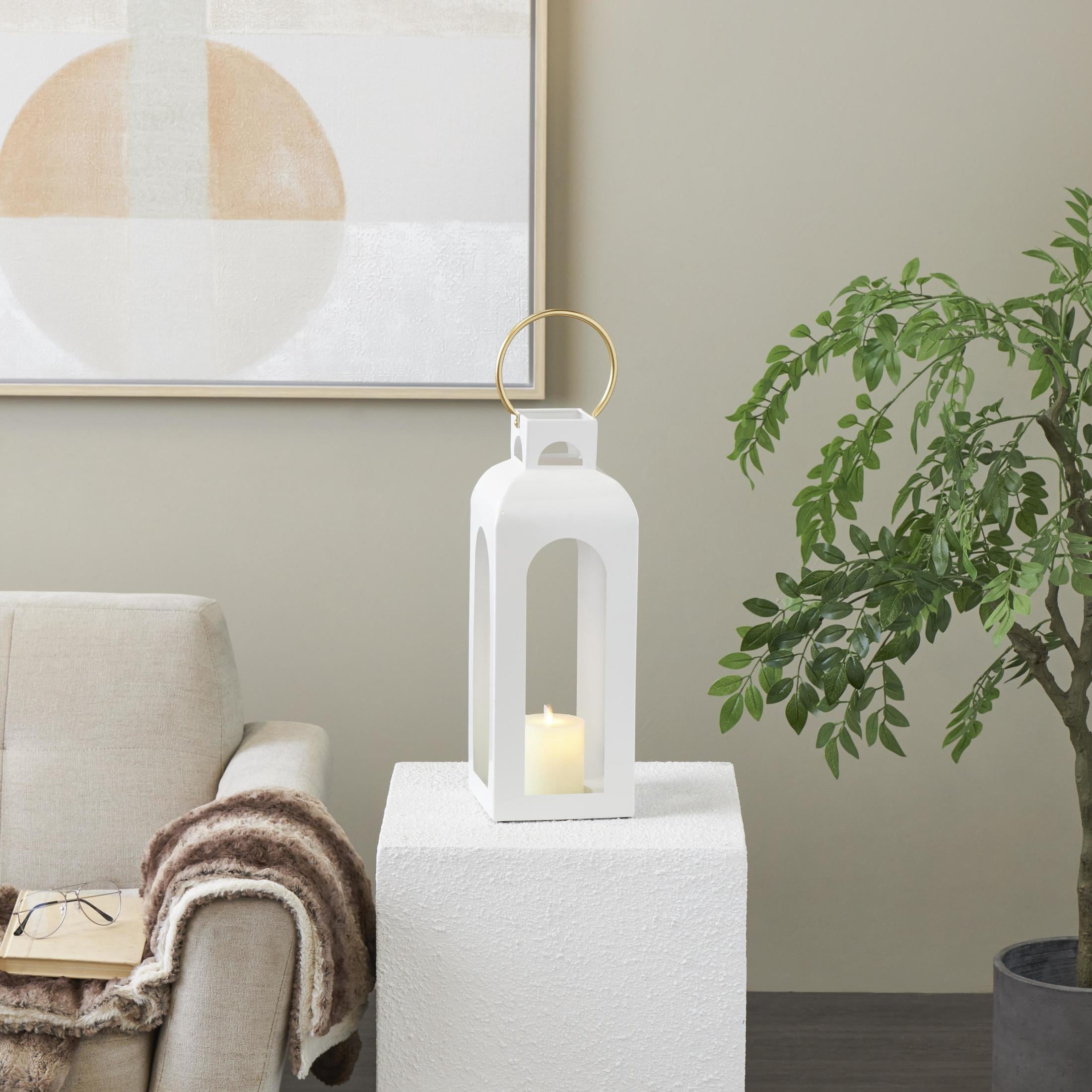 DecMode White Metal Tall Arched Cutout Candle Lantern with Gold Handle