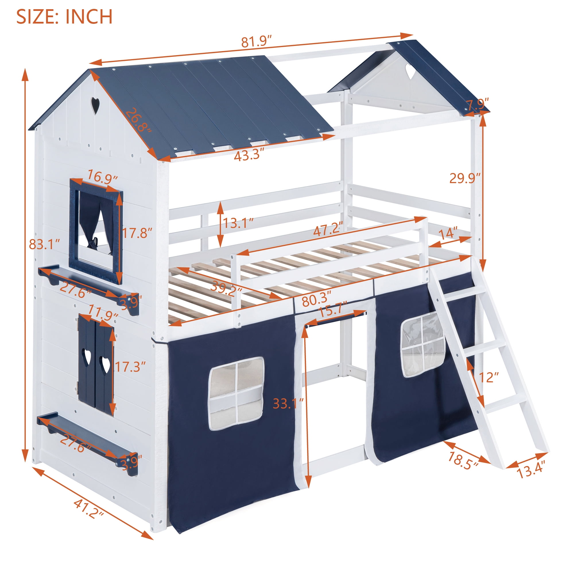 Aukfa Twin over Twin Bunk Bed with Tent and Roof, Wood Playhouse Bed for Kids, Blue