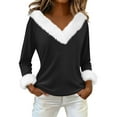 thumbnail image 2 of Christmas Sweater Fur Trim Top for Women, Xmas V Neck Faux Fur Trim Tops Casual Loose Long Sleeve Womens Christmas Outfit Black S, 2 of 7